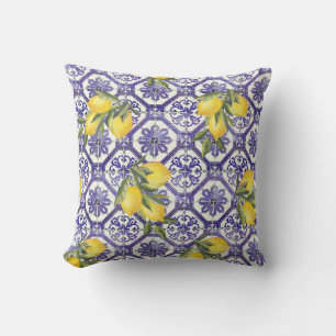 Citrus Lemon Blue Portuguese Tile Mediterranean Cushion