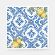 Citrus Lemon Blue Tile Bridal Paper Napkins