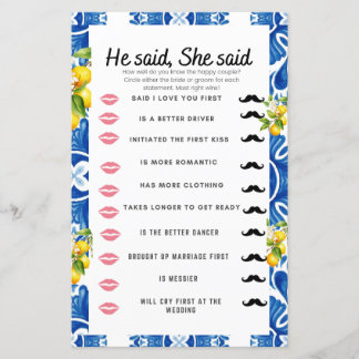 Citrus Lemon Blue Tile Bridal Shower Game