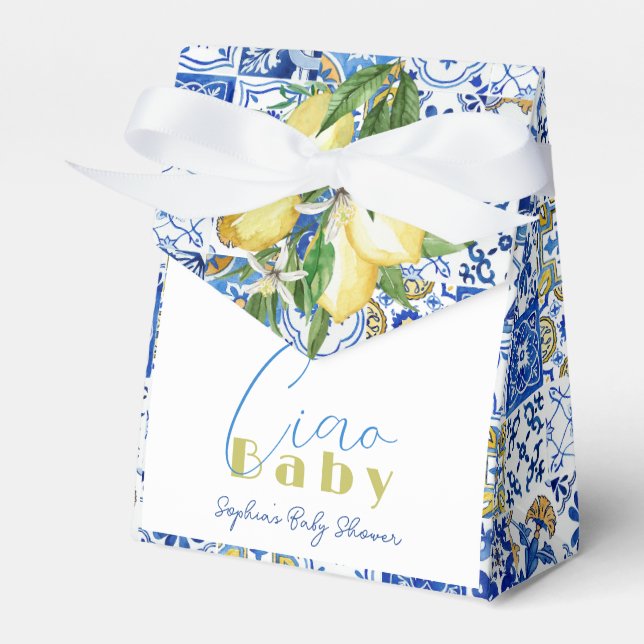Citrus Lemon Blue Tile Watercolor Favour Box (Front Side)