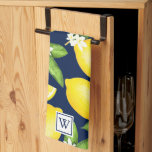 Citrus Lemon Botanical Monogram Navy Blue Tea Towel<br><div class="desc">This design features a citrus lemon pattern with a monogram navy square on each edge</div>