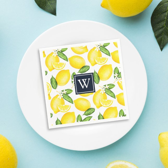 Citrus Lemon Botanical Navy Monogram Napkin (Creator Uploaded)