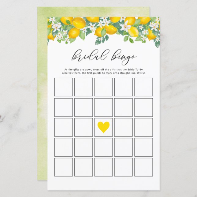 Citrus Lemon Bridal Shower Bingo Game Cards (Front/Back)