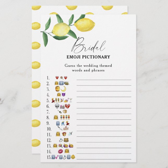 Citrus lemon - bridal shower emoji pictionary game (Front/Back)