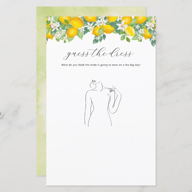 Citrus Lemon Bridal Shower Guess The Dress Game (Front/Back)