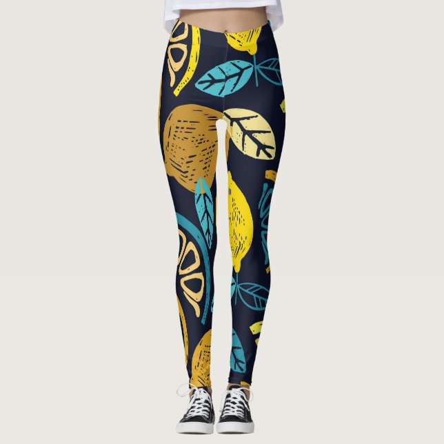 Citrus Lemon Doodle Pattern Background Leggings (Front)