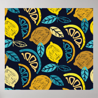Citrus Lemon Doodle Pattern Background Poster