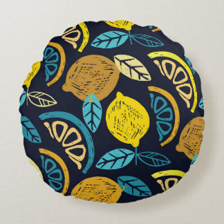 Citrus Lemon Doodle Pattern Background Round Cushion
