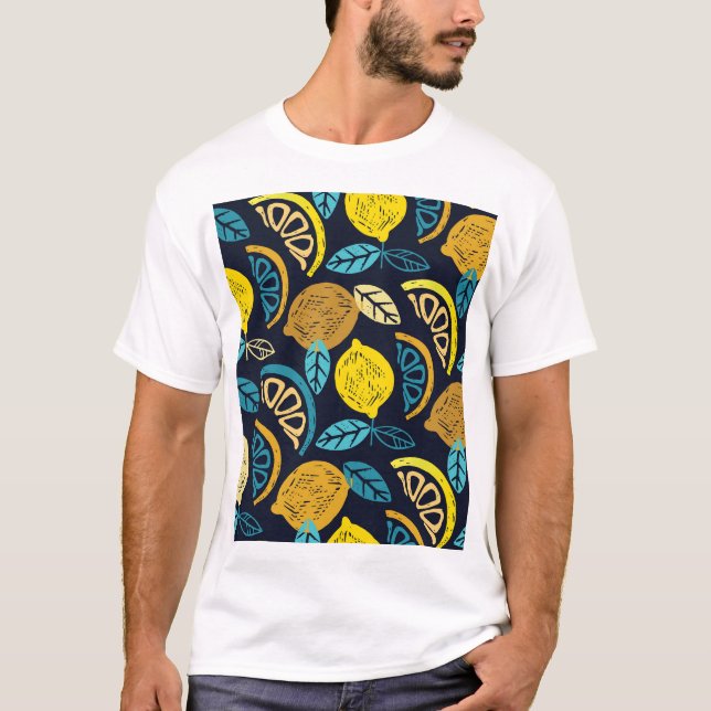Citrus Lemon Doodle Pattern Background T-Shirt (Front)