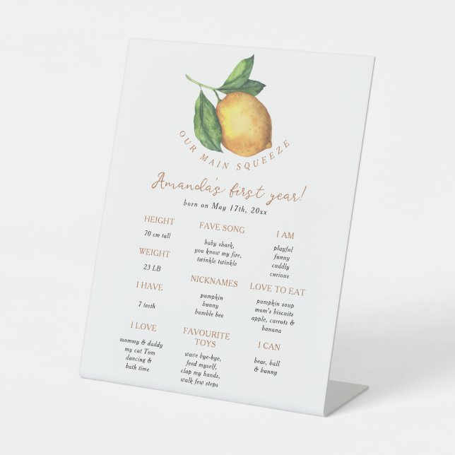 Citrus lemon First Birthday Milestone Birthday Pedestal Sign (Front)