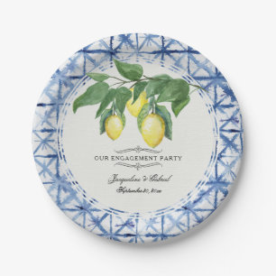 Citrus Lemon Floral Foliage Blue White Engagement Paper Plate