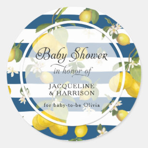 Citrus Lemon Floral Foliage Navy n White Stripe Classic Round Sticker