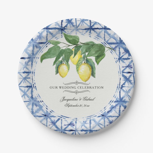 Citrus Lemon Floral Leaf Foliage Wreath Blue White Paper Plate (Front)