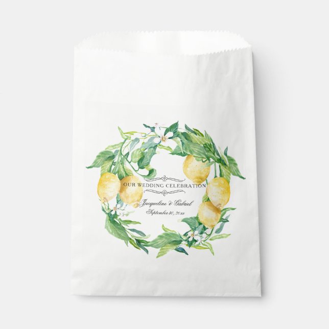 Citrus Lemon Floral Leaf Wreath Wedding Reception Favour Bag (Front)