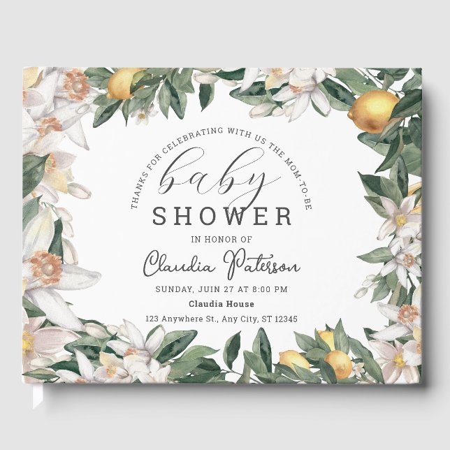Citrus Lemon Floral Watercolor Baby Shower Guest Book (Front)