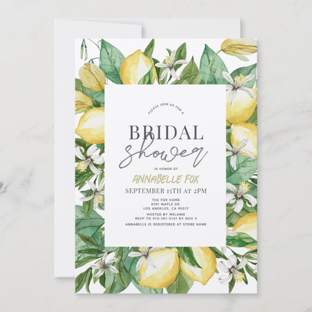 Citrus Lemon Floral Watercolor Bridal Shower Invitation (Front)