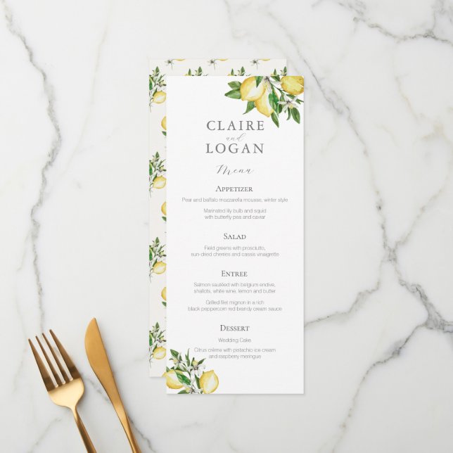 Citrus Lemon Floral Watercolor Wedding Menu (Front/Back In Situ)
