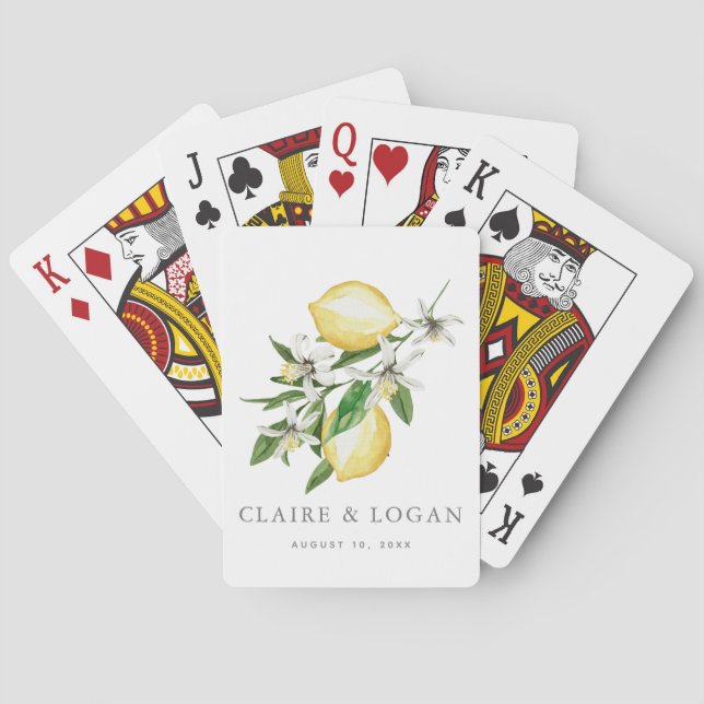 Citrus Lemon Floral Watercolor Wedding Playing Cards (Back)