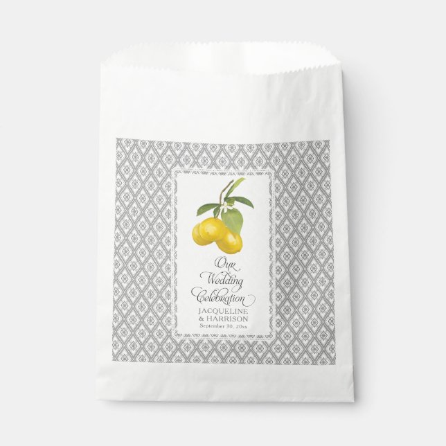 Citrus Lemon Flowers Yellow Grey White Wedding Favour Bag (Front)