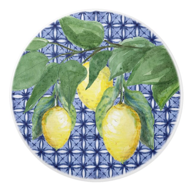 Citrus Lemon Foliage Watercolor Pattern Navy Blue Ceramic Knob (Front)