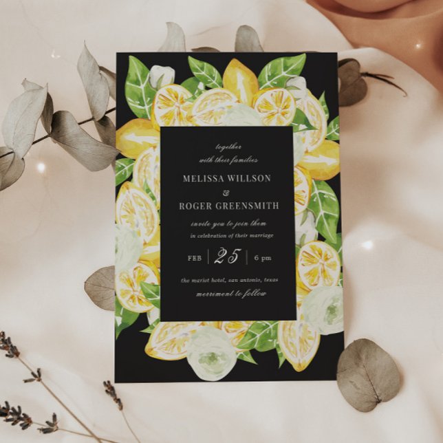 Citrus Lemon Fruit Black Wedding Invitation (Creator Uploaded)