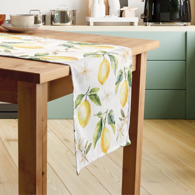 Citrus Lemon Fruit Floral Botanical Pattern Short Table Runner (In situ)