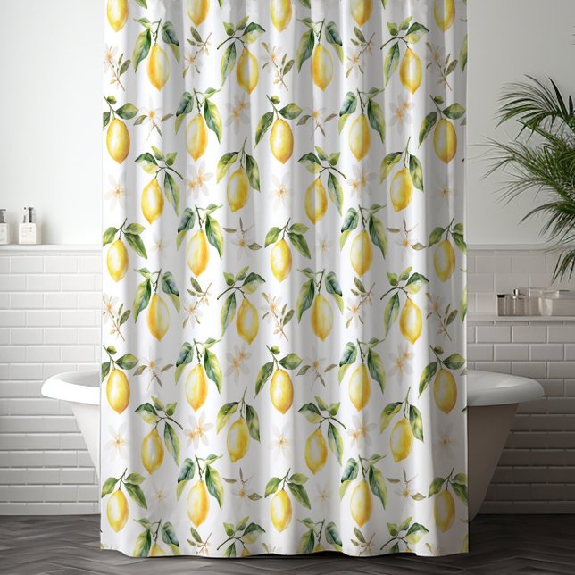 Citrus Lemon Fruit Floral Botanical Pattern Shower Curtain (In situ)