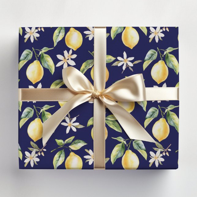Citrus Lemon Fruit Floral Botanical Pattern Wrapping Paper Sheet (In situ)