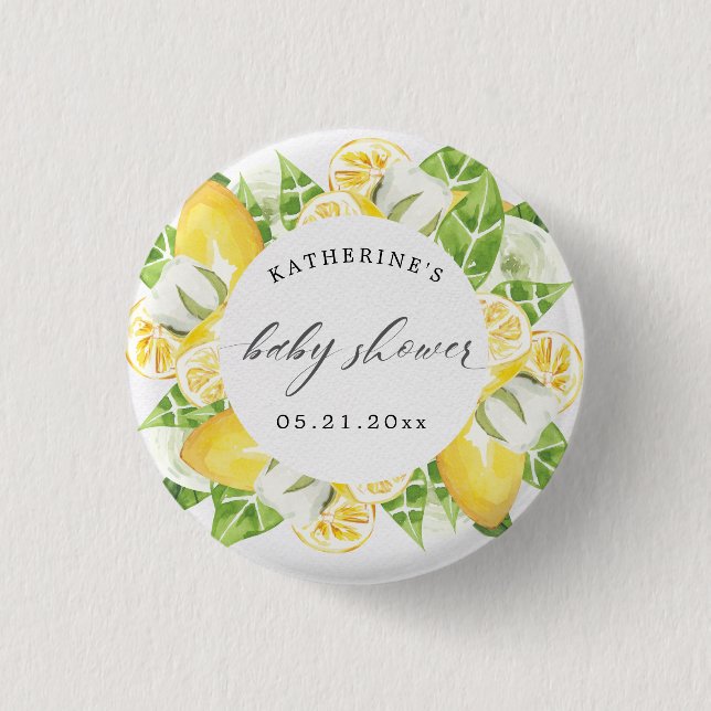 citrus lemon fruit flower baby shower monogram  3 cm round badge (Front)