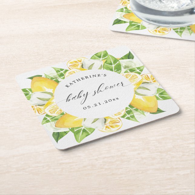 citrus lemon fruit flower baby shower monogram square paper coaster (Angled)