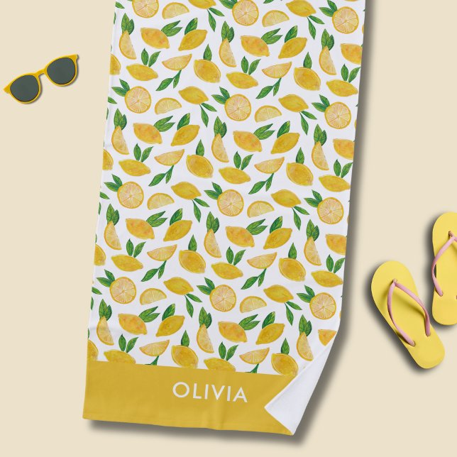 Citrus lemon fruit pattern beach towel (Lemon beach towel with personalized name or choice of text)