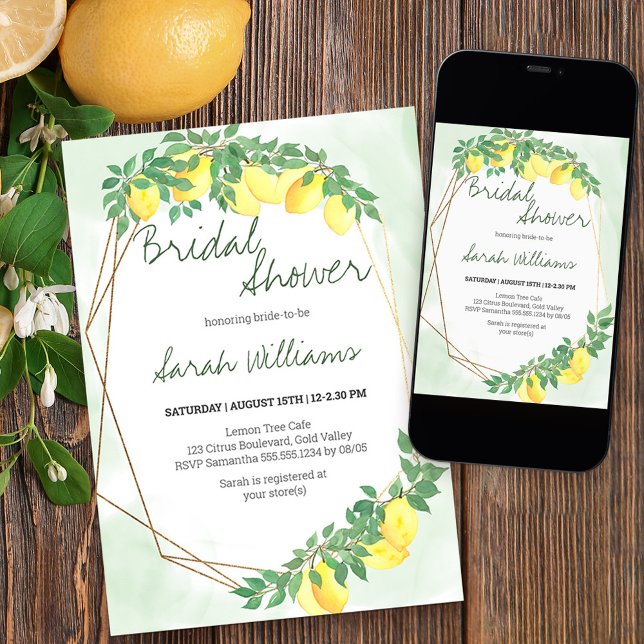 Citrus Lemon Gold Frame Mint Wash Bridal Shower Invitation (Creator Uploaded)