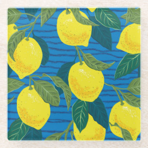 Citrus Lemon: Hand-Drawn Vintage Seamless. Glass Coaster