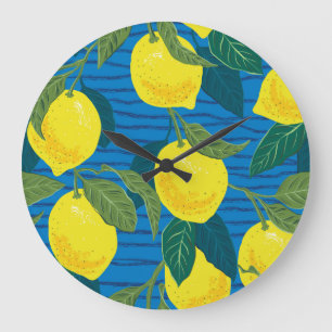 Citrus Lemon: Hand-Drawn Vintage Seamless. Large Clock