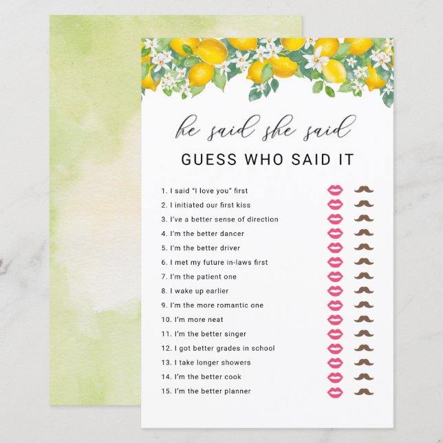 Citrus Lemon He Said She Said Bridal Shower Game (Front/Back)