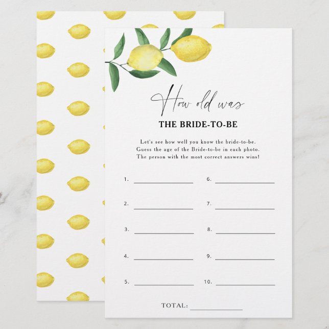 Citrus lemon - How old was the bride to be game (Front/Back)