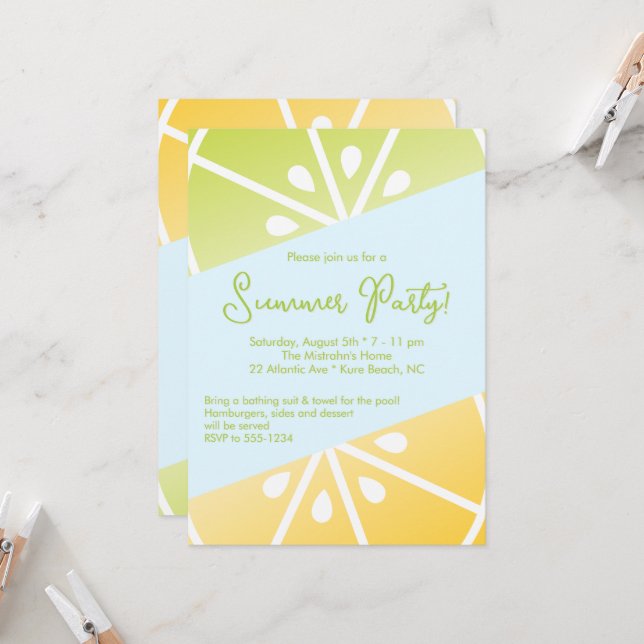 Citrus Lemon Lime Yellow Blue Summer Party Invitation (Front/Back In Situ)