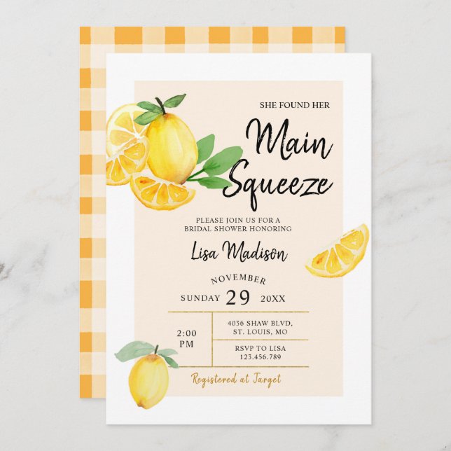 Citrus Lemon main squeeze Bridal shower invitation (Front/Back)