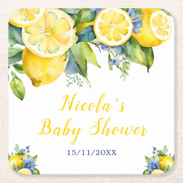Citrus Lemon Mediterranean Baby Showe Square Paper Coaster (Front)