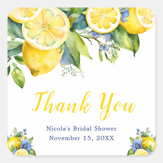 Citrus Lemon Mediterranean Bridal Shower Square Sticker (Front)