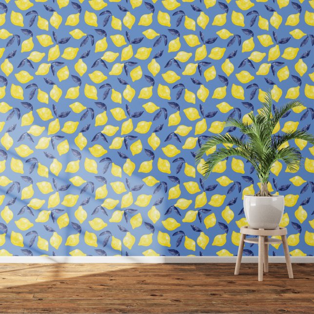 Citrus Lemon Mediterranean Yellow Blue Watercolor Wallpaper (Blue and yellow citrus lemon watercolor Mediterranean art wallpaper)