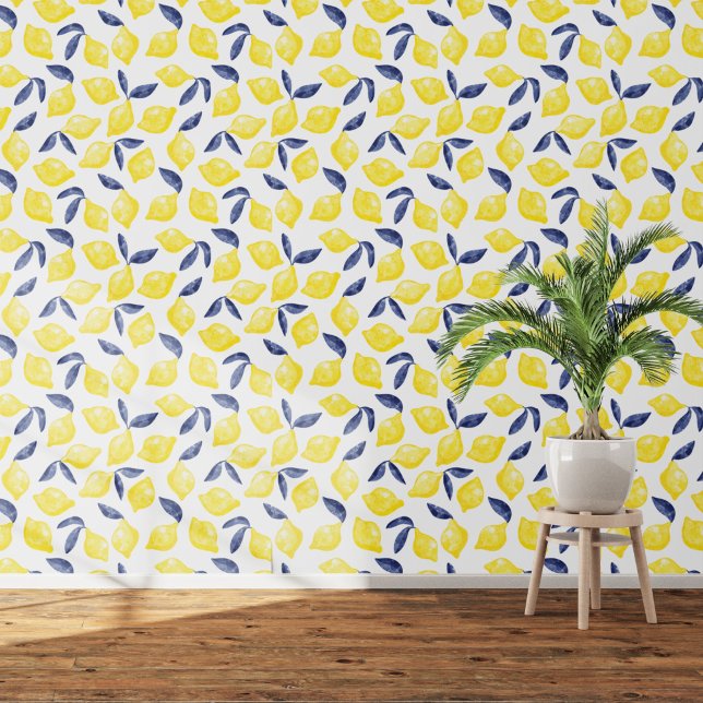 Citrus Lemon Mediterranean Yellow White Watercolor Wallpaper (Citrus lemon watrcolor art wallpaper)