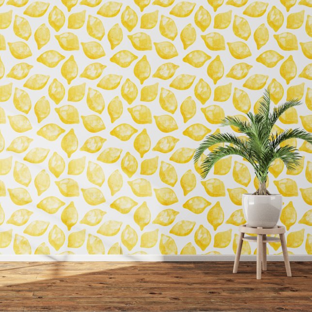Citrus Lemon Mediterranean Yellow White Watercolor Wallpaper (Citrus lemon Mediterranean watercolor art wallpaper)