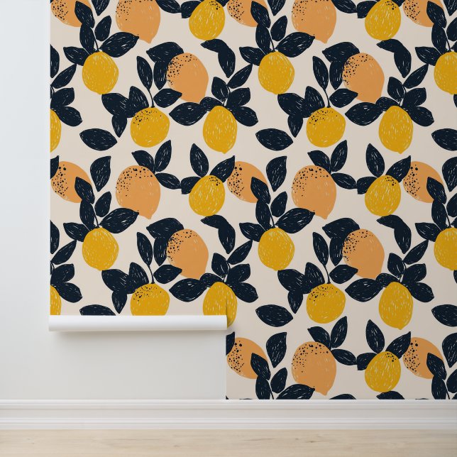 Citrus Lemon Oranges Abstract Modern Pattern Wallpaper (Application)