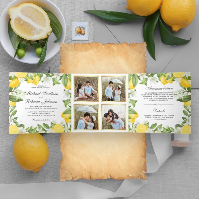 Citrus Lemon Orchard Photo Collage Wedding Tri-Fold Invitation (Creator Uploaded)