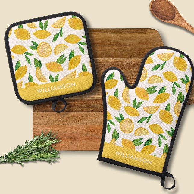 Citrus Lemon pattern Oven Mitt & Pot Holder Set (Lemon pattern oven gloves - personalize with your own name or choice of text)