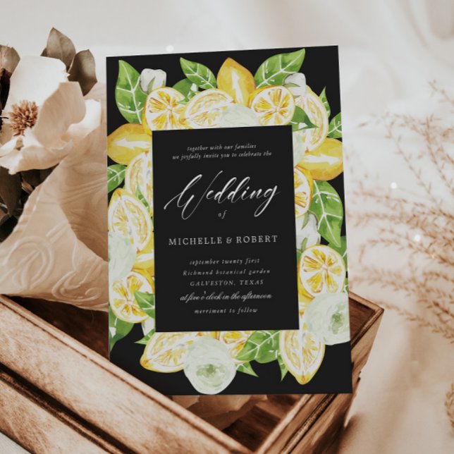 Citrus Lemon Tree Black Wedding Invitation (Creator Uploaded)