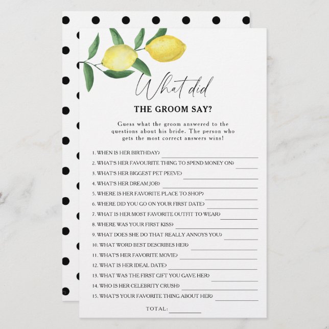 Citrus lemon - What did the groom say bridal game (Front/Back)