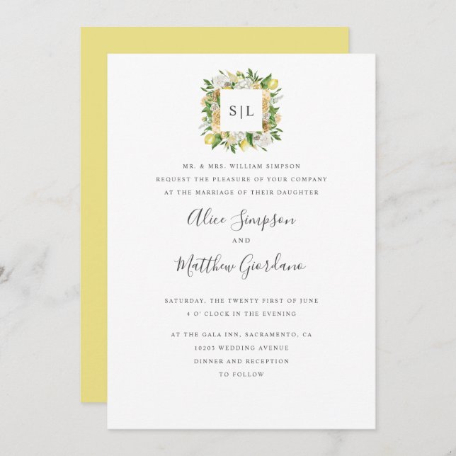 Citrus Lemons and leaves formal monogram wedding Invitation (Front/Back)