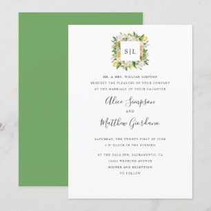 Citrus Lemons and leaves formal monogram wedding Invitation